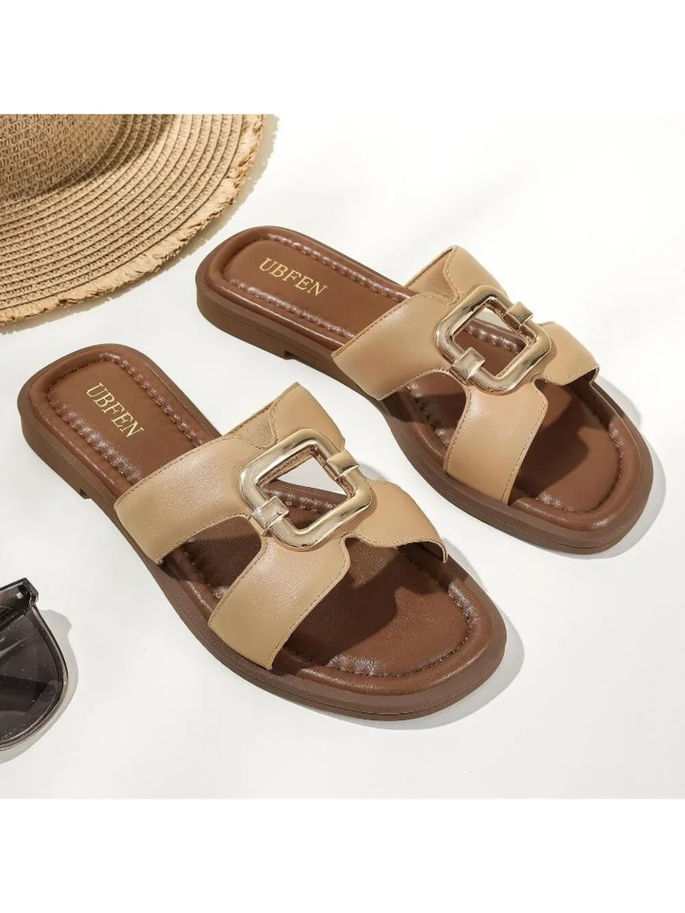 Women's Khaki Square Toe Flat Sandals Slides Dressy Comfortable for Beach